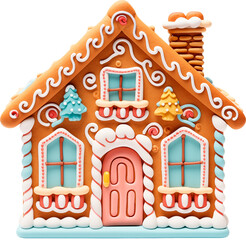 front side of the gingerbread house decorated with colored icing on a transparent background