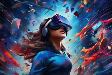 An abstract representation of a person immersed in a VR headset, exploring a world of limitless possibilities, capturing the essence of virtual reality's role in shaping the future