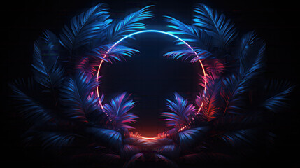Red and blue circle Neon shape With jungle floral Tropical. Isolated on black Background
