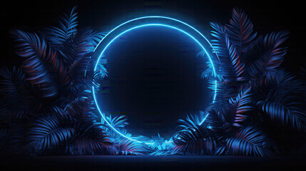 Fototapeta na wymiar Blue circle Neon shape With jungle floral Tropical. Isolated on black Background