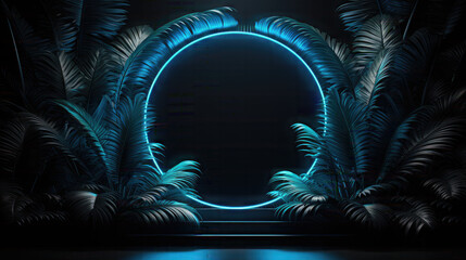 Blue circle Neon shape With jungle floral Tropical. Isolated on black Background