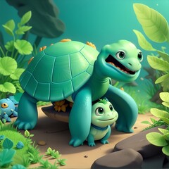 3D cartoon of turtle with little baby