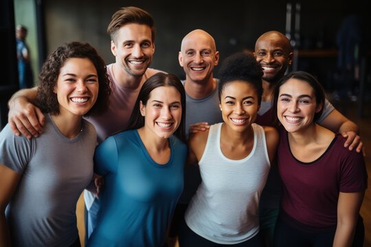 A multi-ethnic group of men and women from different cultural backgrounds come to work out at a fitness studio, showcasing diversity. They pose for a photo together in a fitness studio.