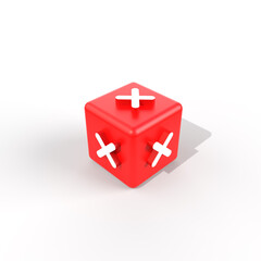 3d render multiplication sign on cube. red cube and multiplication symbol. multiplication sign in education and mathematics