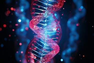 dna double helix strand on a blue blurred background