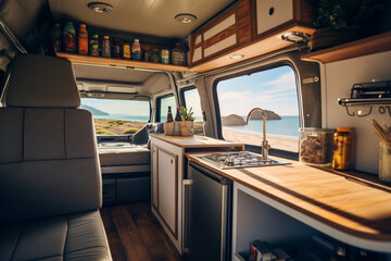Camper van interior with the small fridge open in vanlife on road with motor home - obrazy, fototapety, plakaty