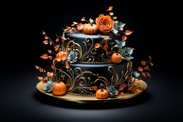 Luxurious Baroque Style Cake with Autumnal Pumpkin Decor