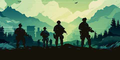 Abstract illustration of military operations with an apocalyptic sky. - obrazy, fototapety, plakaty