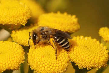 Closeup on a Davies' Cellophan bee, Colletes daviesanus , sitting on a yellow Tansy, Tanacetum vulgare
