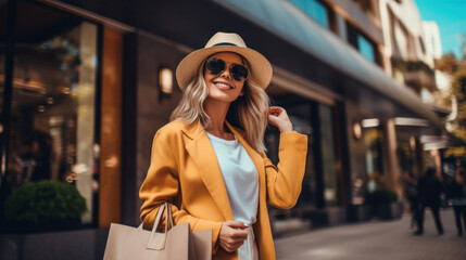 Obraz premium Woman in shopping. Happy woman with shopping bags enjoying in shopping. Consumerism, shopping, lifestyle concept
