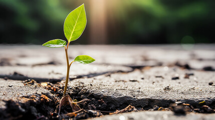 One young sprout breaks through the hard surface of the asphalt, symbolizing strength and determination. Life persistently breaks out through the asphalt, making its way to light and opportunities