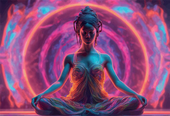 beautiful female body with neon lights and lotus pose.beautiful female body with neon lights and lotus pose.beautiful young woman in a lotus pose