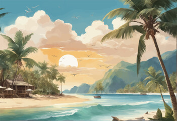 Fototapeta na wymiar tropical beach in the mountains tropical beach in the mountains beautiful beach on a tropical island illustration