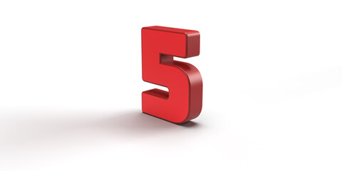 Fototapeta premium 3d red number 5. 3d illustration five number. 3d number 5 on white background