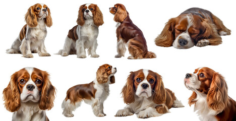 Cavalier King Charles Spaniel dog puppy, many angles and view portrait side back head shot isolated on transparent background cutout, PNG file	
