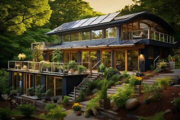 An image of a sustainable eco-friendly home and garden, illustrating the connection between sustainable living practices and a healthy life