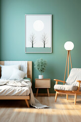 Simple modern interior, bedroom with furniture made from natural materials in neutral shades against a green wall.