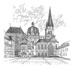 Travel sketch illustration of Aachen Cathedral, Germany. One of the oldest cathedrals in Europe, old town. Line art drawing, ink pen on paper. Hand drawn. Urban sketch, black color on white background