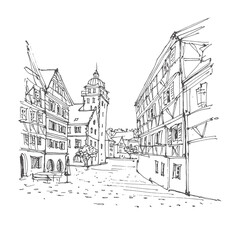 Travel sketch illustration of Baden-Württemberg, Germany, Europe. Sketchy line art drawing with a pen on paper. Hand drawn. Urban sketch in black color isolated on white background. Freehand drawing.