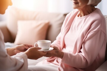 Young woman serving a senior woman a cup of coffee in a retirement home, closeup on hands - obrazy, fototapety, plakaty