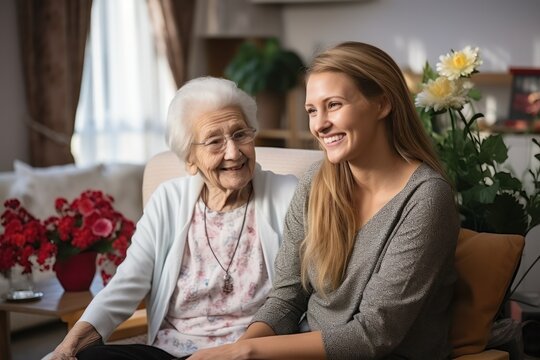 Old grandmother and granddaughter happy at nursing home smiling 