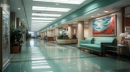 Hospital hallway, reception clinic. Unfocused background.