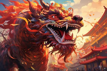 Illustration of a fierce Chinese dragon. Chinese New Year. Ai genrative - obrazy, fototapety, plakaty
