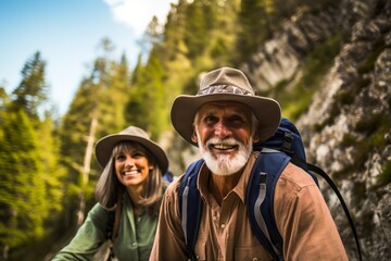 happy elderly senior couple hiking in the mountains
