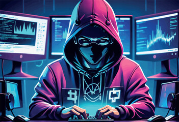 hacker with computer in neon style hacker with computer in neon style hacker hacker in cyber attack concept, cyber security concept with a laptop in the internet.