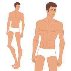 Male fashion model posing. Nine-head fashion figure template. Handsome young man, vector illustration. Man fashion colored croquis with face and hair.