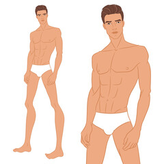 Male fashion model posing. Nine-head fashion figure template. Handsome young man, vector illustration. Man fashion colored croquis with face and hair.