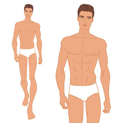 Male fashion model walking on the podium. Nine-head fashion figure template. Handsome young man, vector illustration. Man fashion colored croquis with face and hair.