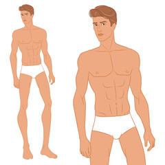 Male fashion model posing. Nine-head fashion figure template. Handsome young man, vector illustration. Man fashion colored croquis with face and hair.