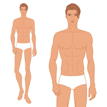 Male fashion model walking on the podium. Nine-head fashion figure template. Handsome young man, vector illustration. Man fashion colored croquis with face and hair.