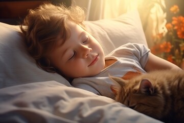 Little boy with cat sleep on bed with sunlight from the window