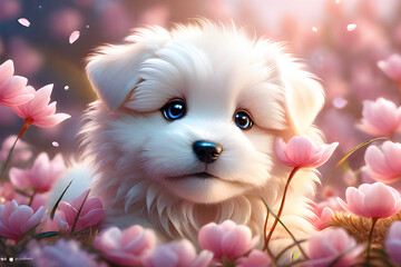 There is a baby puppy. The fur is soft. Draw realistically and delicately. Cute and lovely. Petals fall. Generative AI.