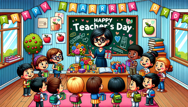 cartoon classroom scene celebrating Teacher's Day. The room has vibrant walls decorated with colorful banners that read 'Happy Teacher Day’