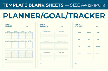 Blank sheets template planner, goal, track minimal design snd clean, size A4