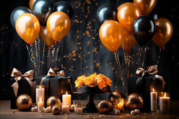 Beautiful gold and black luxury background for birthday celebration, festive decor with balloons.