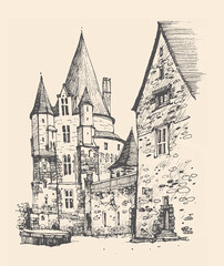 Sketch of a medieval castle, The Chateau de Vitre, in the Ille-et-Vilaine département of France. Hand drawn postcard. Urban sketch in black color isolated on retro beige background. Line art drawing.