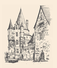 Obraz premium Sketch of a medieval castle, The Chateau de Vitre, in the Ille-et-Vilaine département of France. Hand drawn postcard. Urban sketch in black color isolated on retro beige background. Line art drawing.
