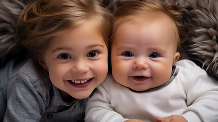 Two little toddler boys having fun in bed before sleeping. Sibiling kids close up portrait