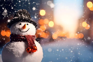 Christmas snowman, with carrot nose, hat and scarf, a charming presence in the festive scene.