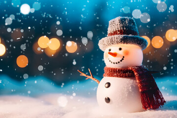Christmas snowman, with carrot nose, hat and scarf, a charming presence in the festive scene.