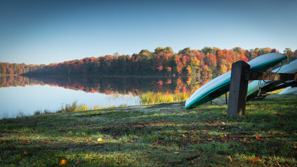 Autumn morning on Lake Jean.  Beautiful sunny autumn morning over Lake Jean in Ricketts Glen State...