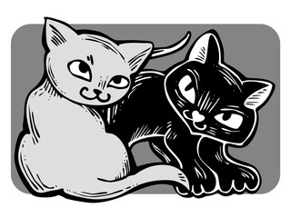 Cute cats friends sitting together. Decorative border, banner, postcard, poster print for kids room or birthday. Logo design for veterinary. Hand drawn illustration. Cartoon style character drawing.
