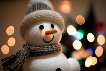 Christmas snowman, with carrot nose, hat and scarf, a charming presence in the festive scene.