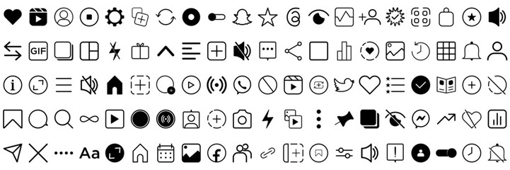 instagram Social networking icon set. Like, comment, send, saved, statistics and other icon. Outline and black vector illustration