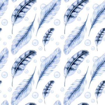 watercolor seamless pattern with bird feather with spots and pearls, grey and blue color, nature illustration, hand drawn sketch isolated on white background
