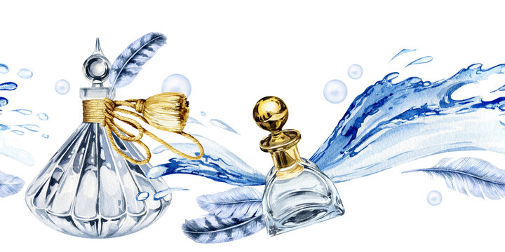 watercolor seamless border with vintage perfume glass bottle with the background of water and spray with feather, hand drawn illustration of transparent perfume flacon, isolated on white background
